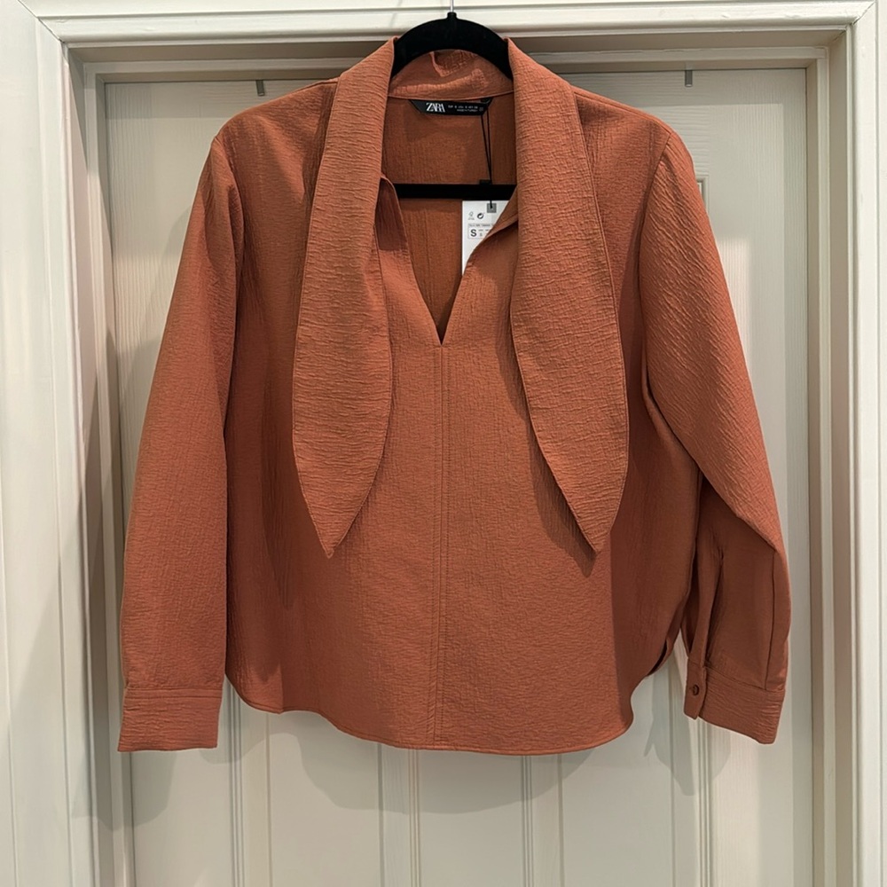 Zara Long Sleeve Shirt Blouse With Attached Neck Tie